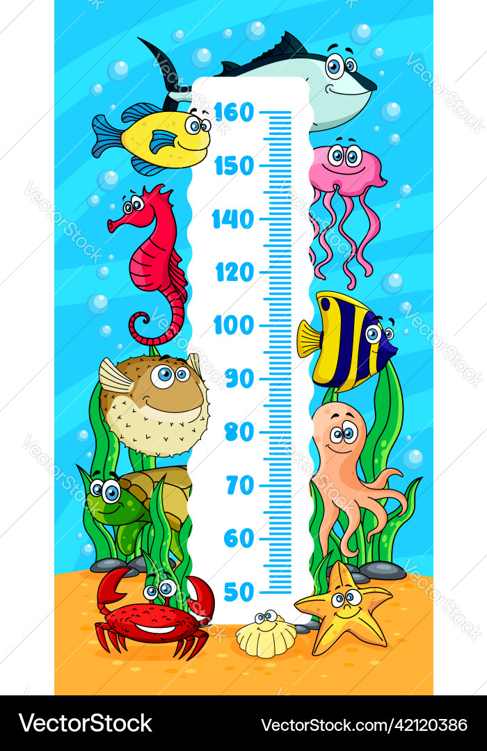 Kids height chart underwater sea animals fish vector image