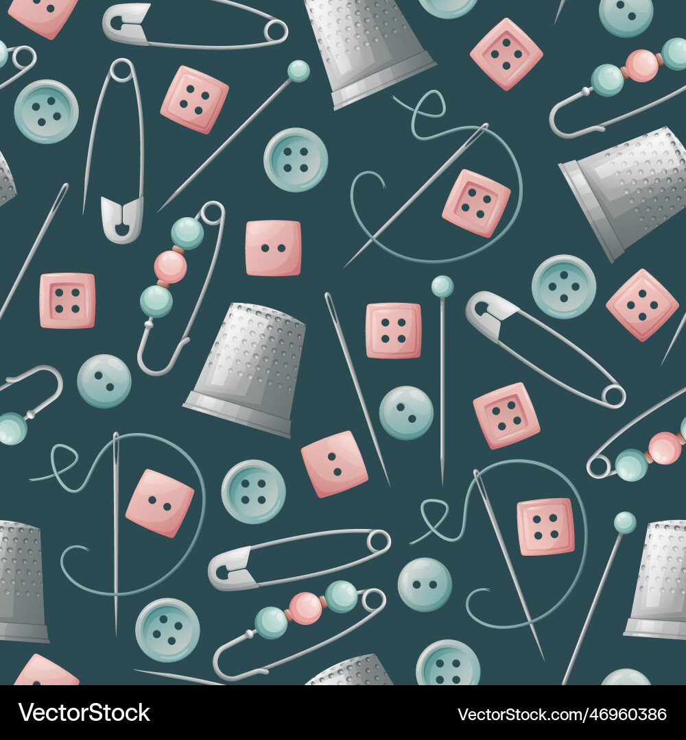 Seamless pattern with pins thimble and buttons Seamless pattern with pins thimble and buttons Vector Image