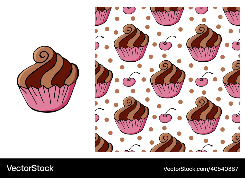 Cupcake muffin set of element and seamless pattern Vector Image