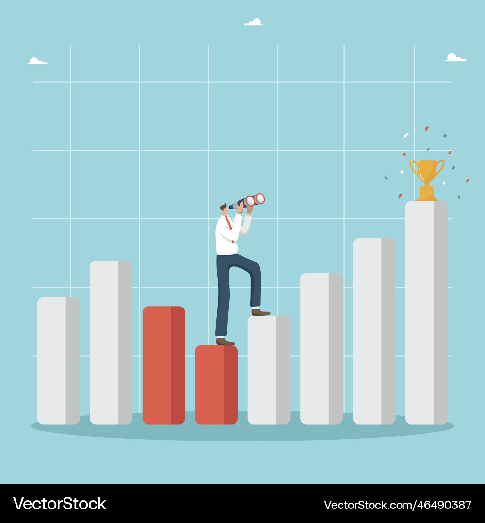 Man stands on a graph column and looks through Man stands on a graph column and looks through vector image