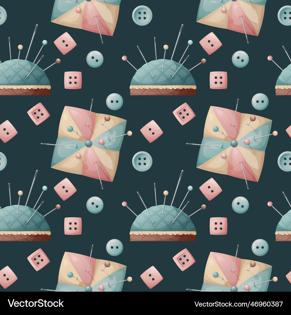 Seamless pattern with a pin cushion and buttons Seamless pattern with a pin cushion and buttons Vector Image