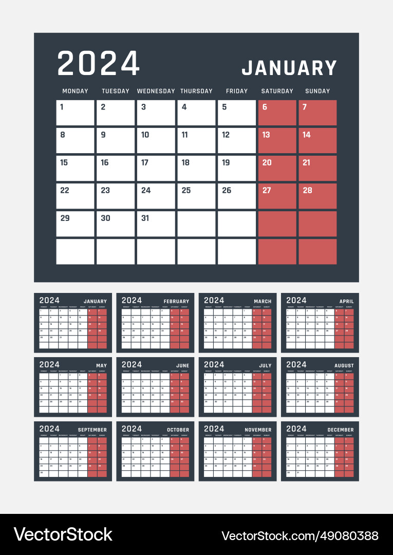 Calendar for 2024 starts monday Calendar for 2024 starts monday vector image