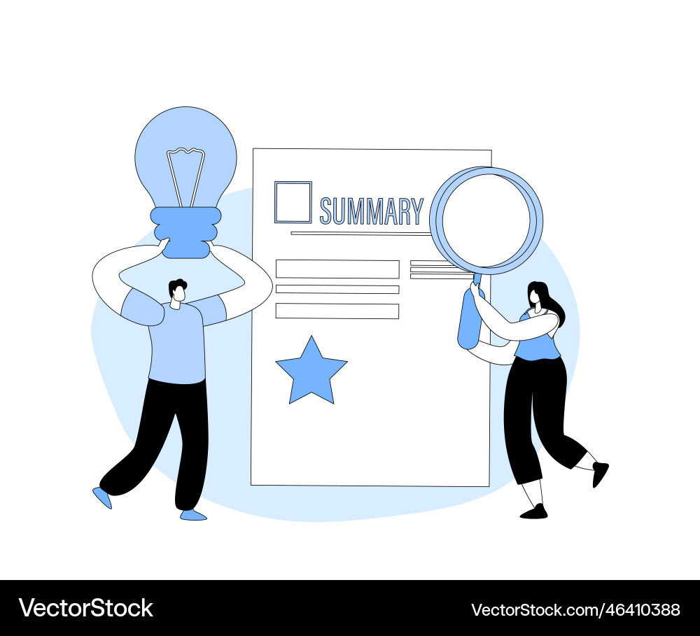 Tiny businesspeople characters reading summary Tiny businesspeople characters reading summary vector image