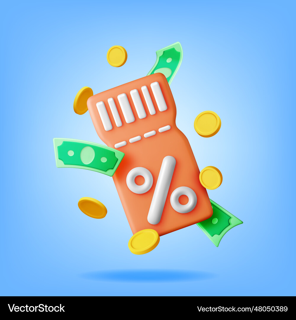 3d coupon with percent symbol and coins 3d coupon with percent symbol and coins vector image