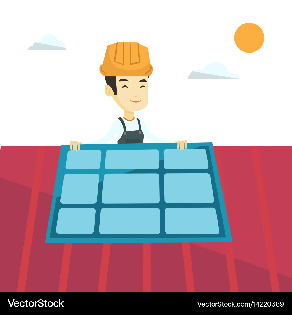 Constructor installing solar panel Vector Image