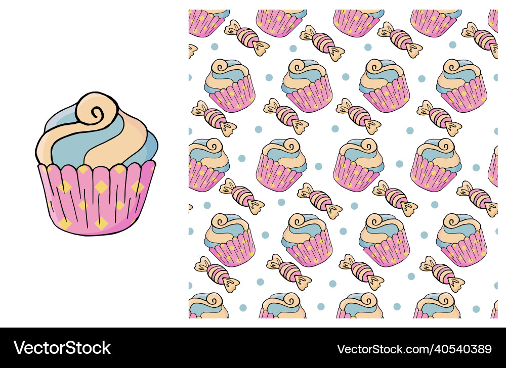 Cupcake muffin set of element and seamless pattern Vector Image