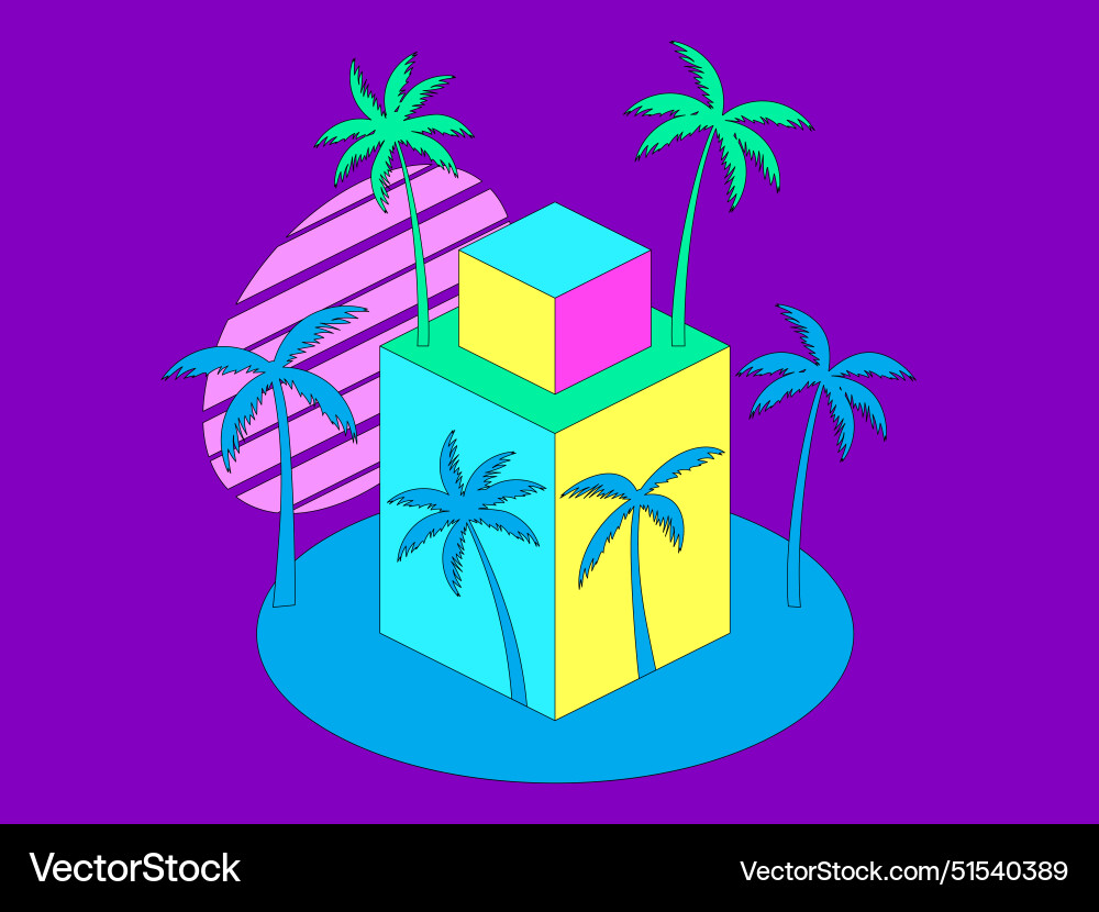 Palm trees and sunsets with cubes in the style Palm trees and sunsets with cubes in the style vector image