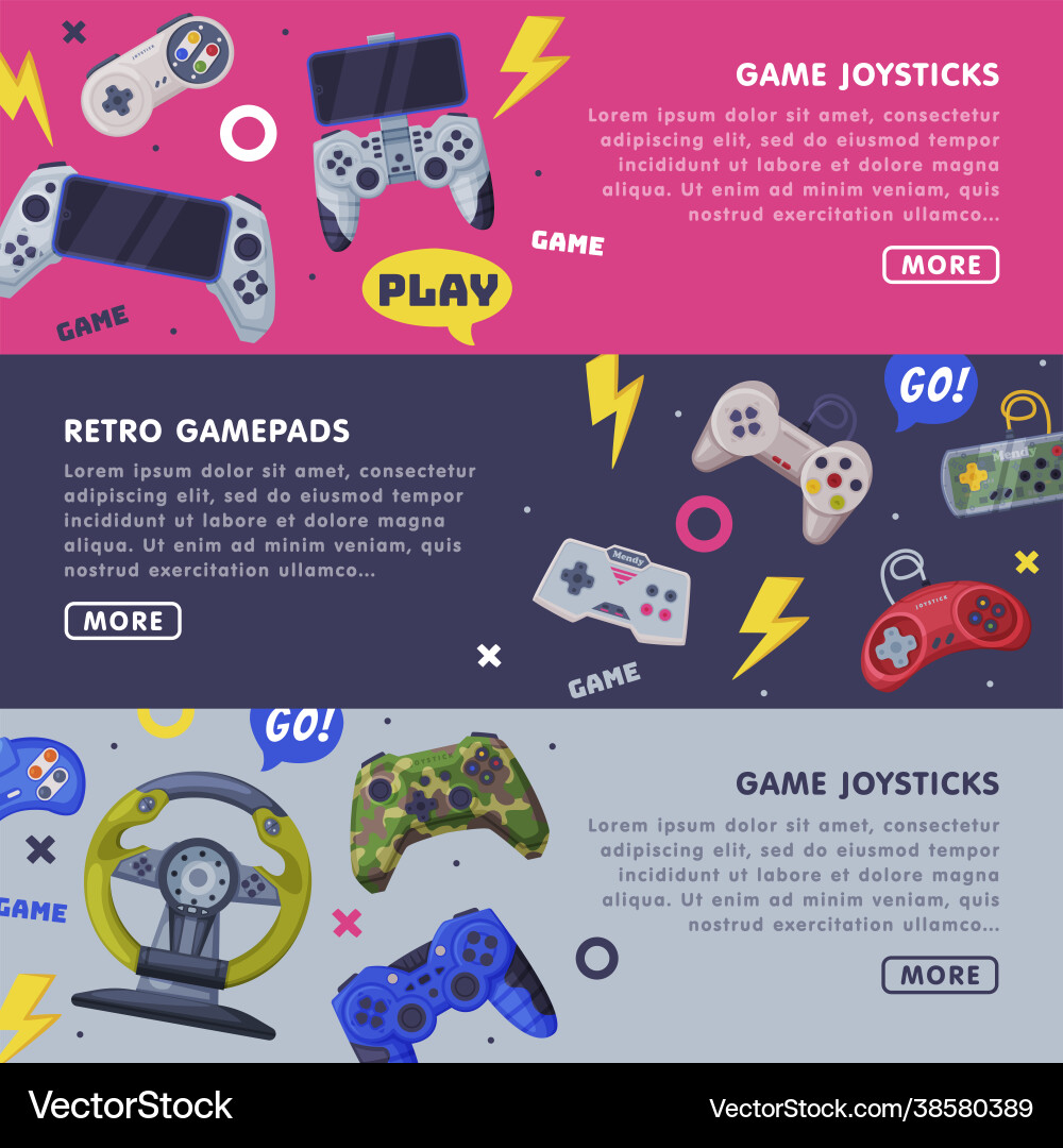 Retro gamepads landing page templates design set Retro gamepads landing page templates design set vector image