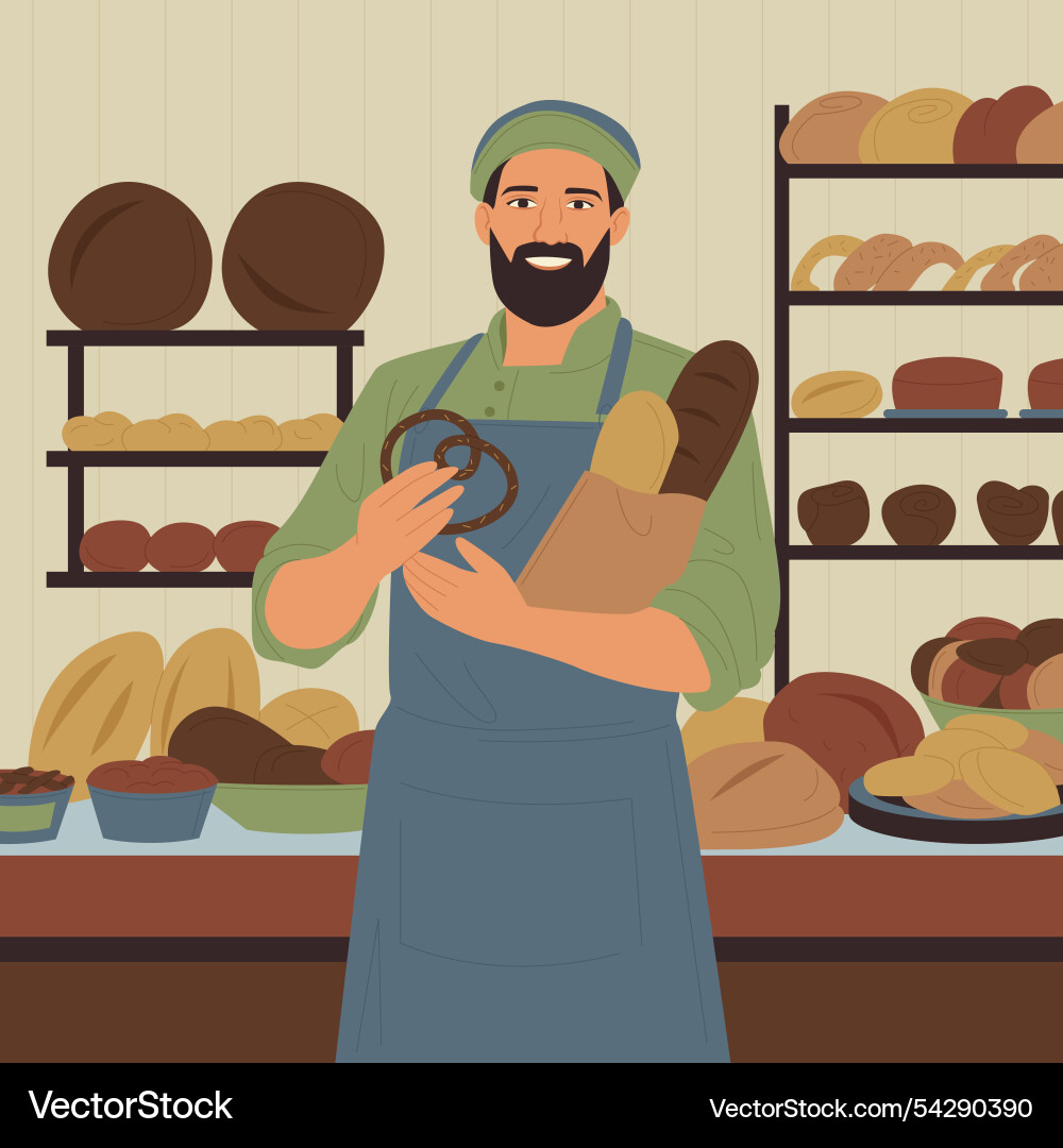 Bakery shop with seller store interior bread Bakery shop with seller store interior bread vector image