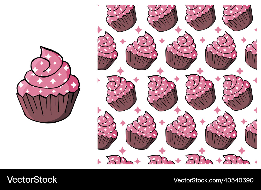 Cupcake muffin set of element and seamless pattern Vector Image
