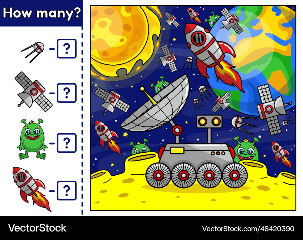 Math kids game find and count space objects Math kids game find and count space objects vector image