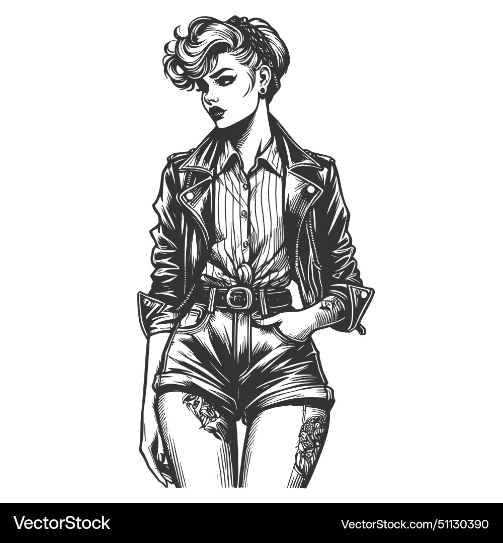 Punk girl leather jacket engraving sketch Vector Image