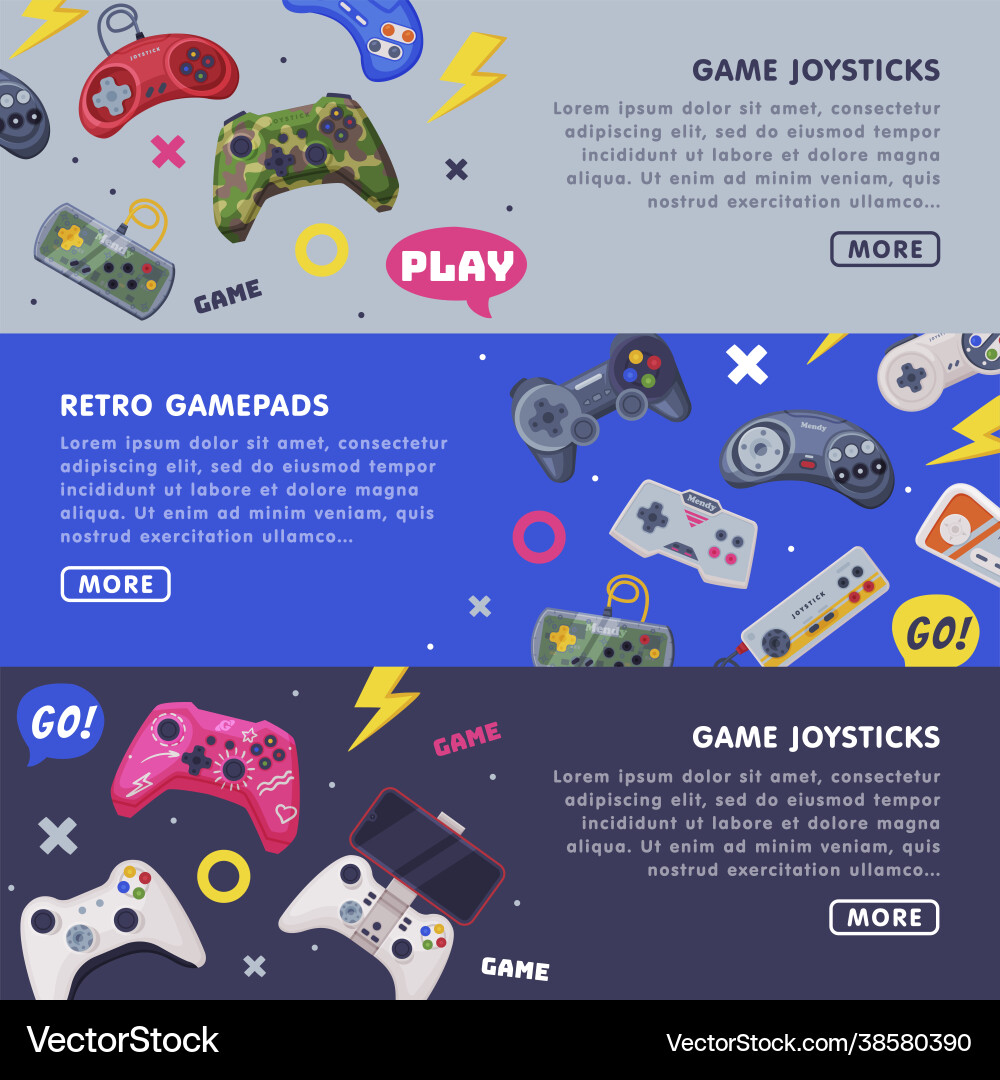 Retro gamepads web banners set game joystick Retro gamepads web banners set game joystick vector image