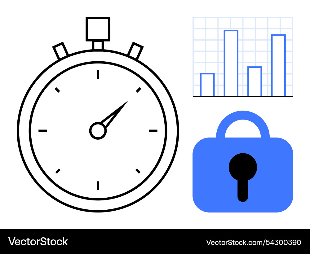 Stopwatch with bar graph and padlock reflecting Stopwatch with bar graph and padlock reflecting vector image
