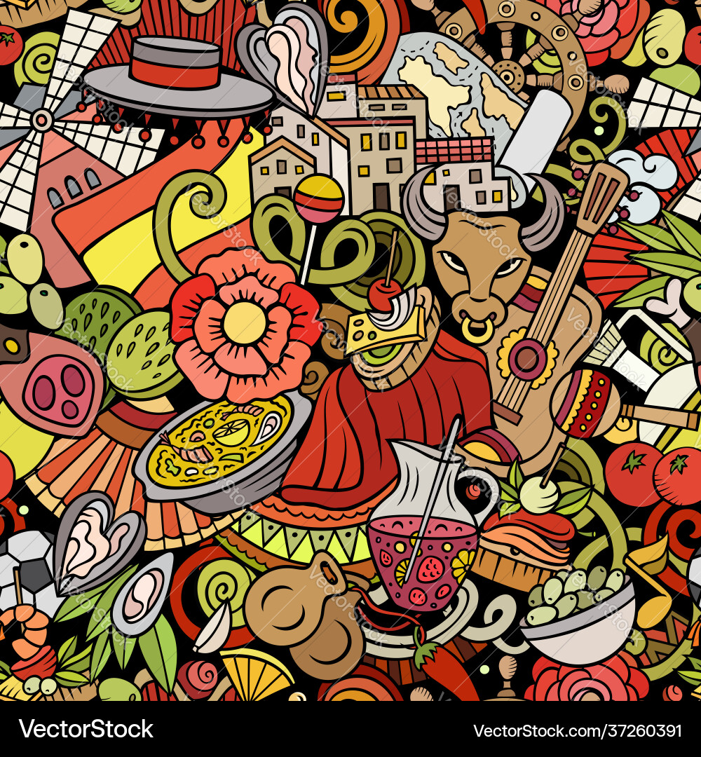 Cartoon doodles spain seamless pattern backdrop Cartoon doodles spain seamless pattern backdrop vector image