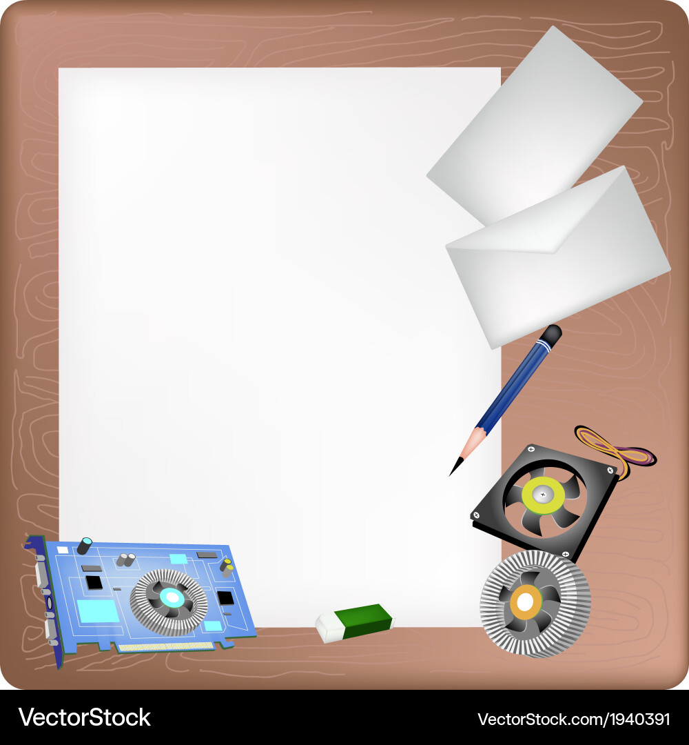 Computer hardware on a blank page and envelope Vector Image