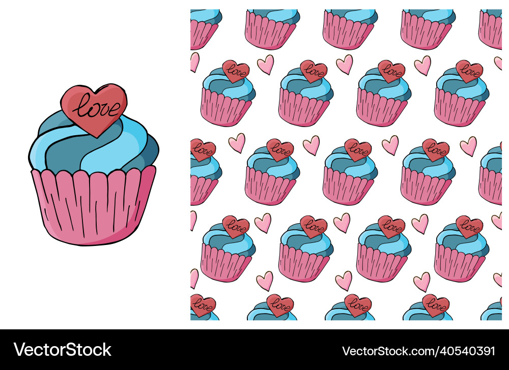 Cupcake muffin set of element and seamless pattern Cupcake muffin set of element and seamless pattern vector image