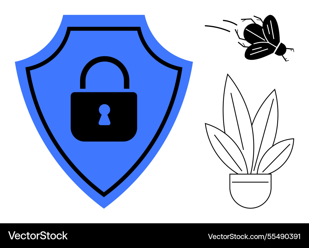 Cybersecurity concept with shield lock bug Cybersecurity concept with shield lock bug vector image