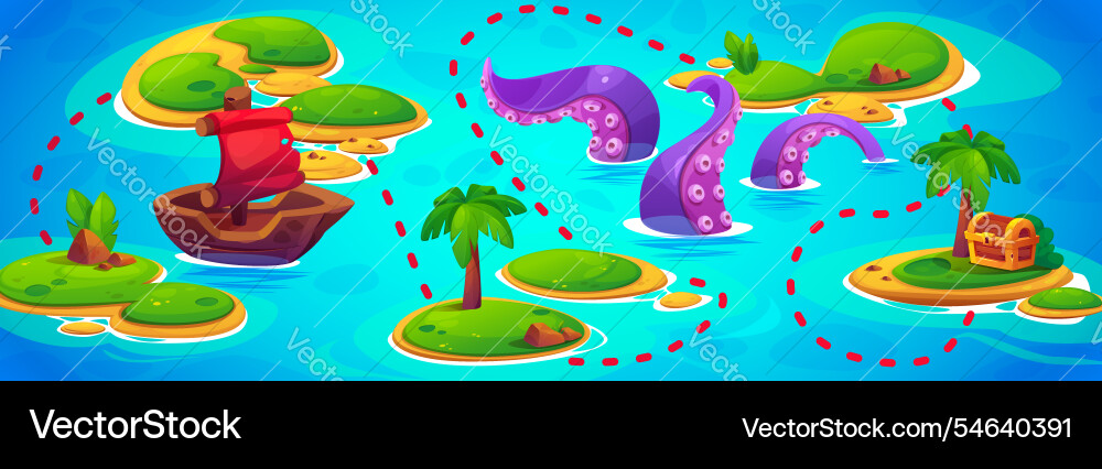 Game level map with marked path to treasure Game level map with marked path to treasure vector image