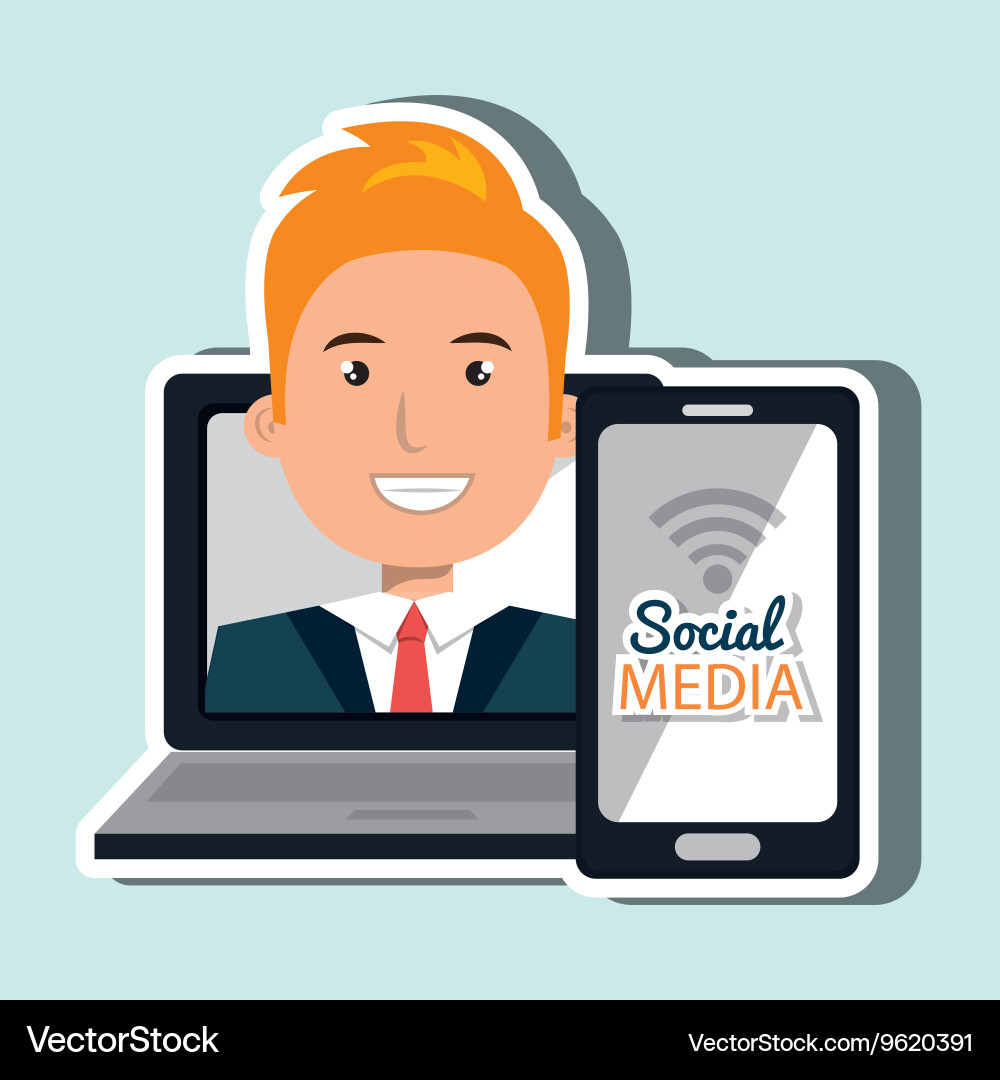 Laptop user with social networking smartphone vector image