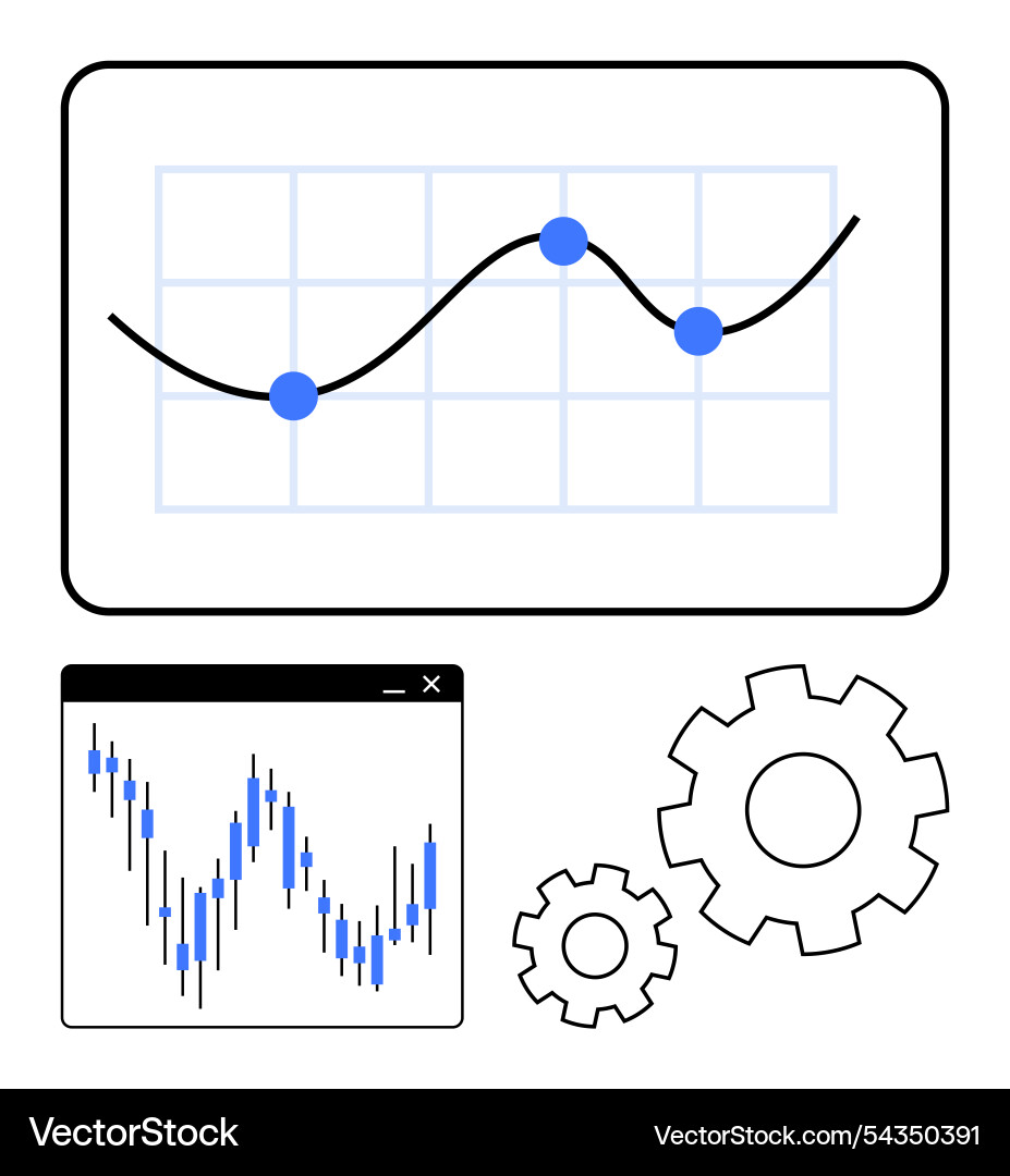 Line charts with data points and gears Line charts with data points and gears vector image