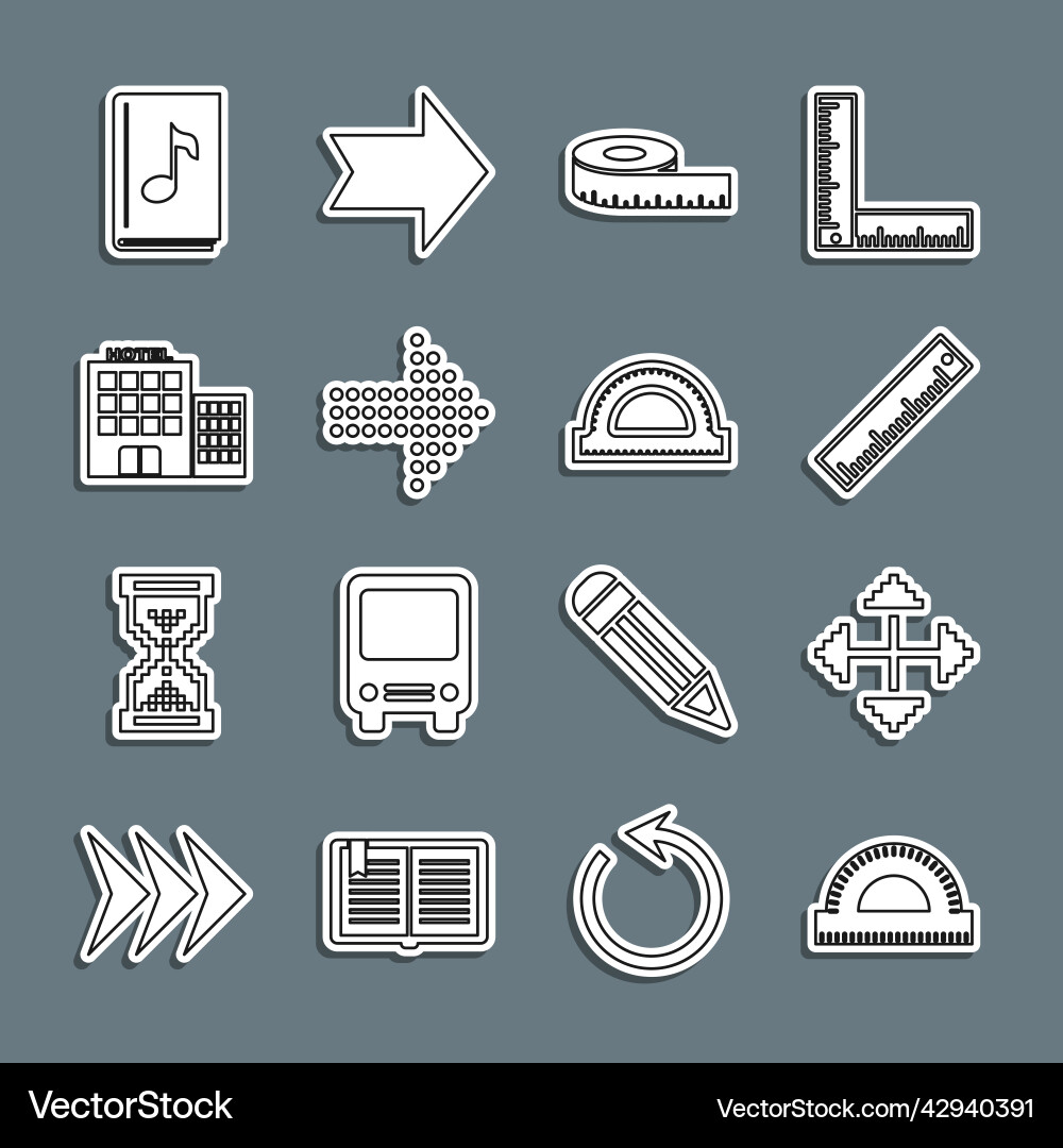 Set line protractor grid pixel arrows in four Set line protractor grid pixel arrows in four vector image