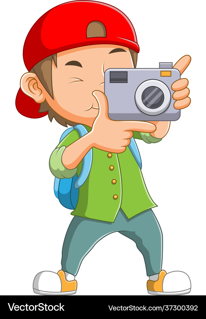 Boy with camera on his hand is trying to take Vector Image