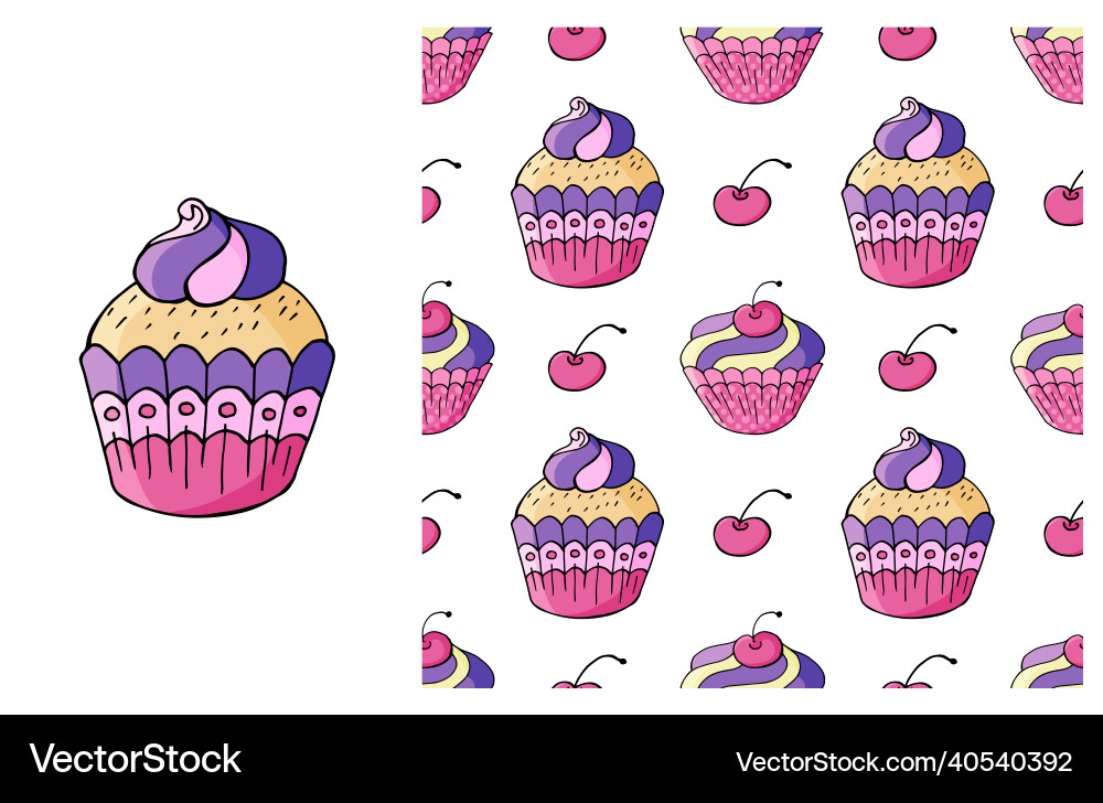 Cupcake muffin set of element and seamless pattern Cupcake muffin set of element and seamless pattern Vector Image