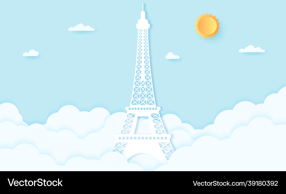 Eiffel tower with clouds paper art style Eiffel tower with clouds paper art style vector image
