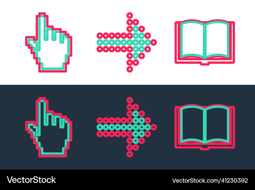 Set line open book pixel hand cursor and dots Vector Image