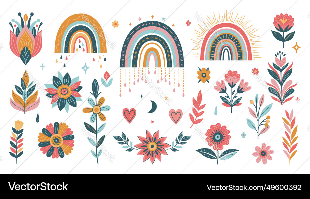 Set of rainbows and flora in boho style image Set of rainbows and flora in boho style image Vector Image