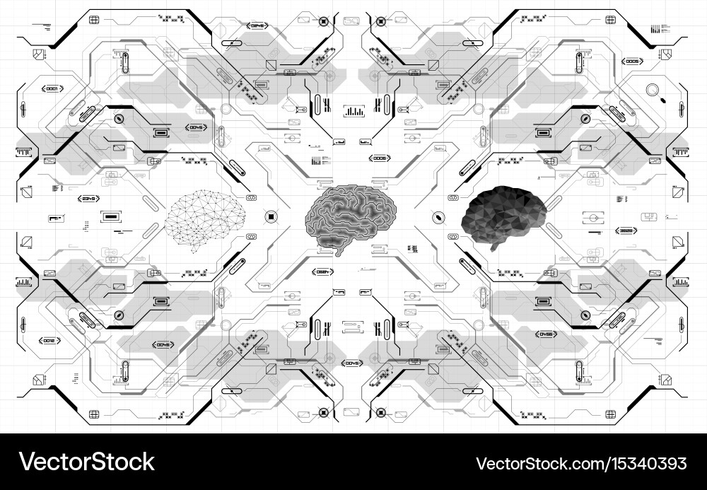 Conceptual polygonal brain with hud elements Vector Image