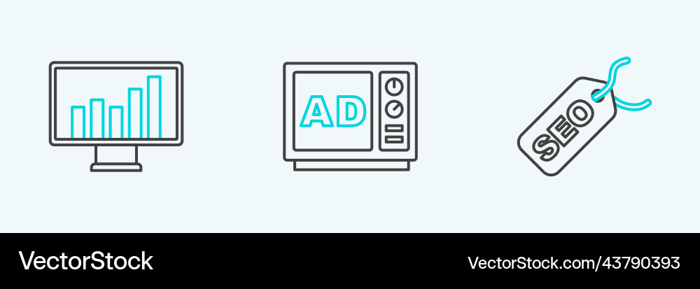 Set line seo optimization monitor with graph Set line seo optimization monitor with graph vector image