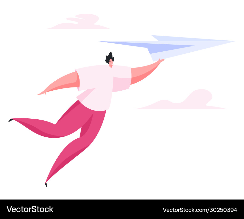 Happy man flying on paper plane flat Happy man flying on paper plane flat vector image