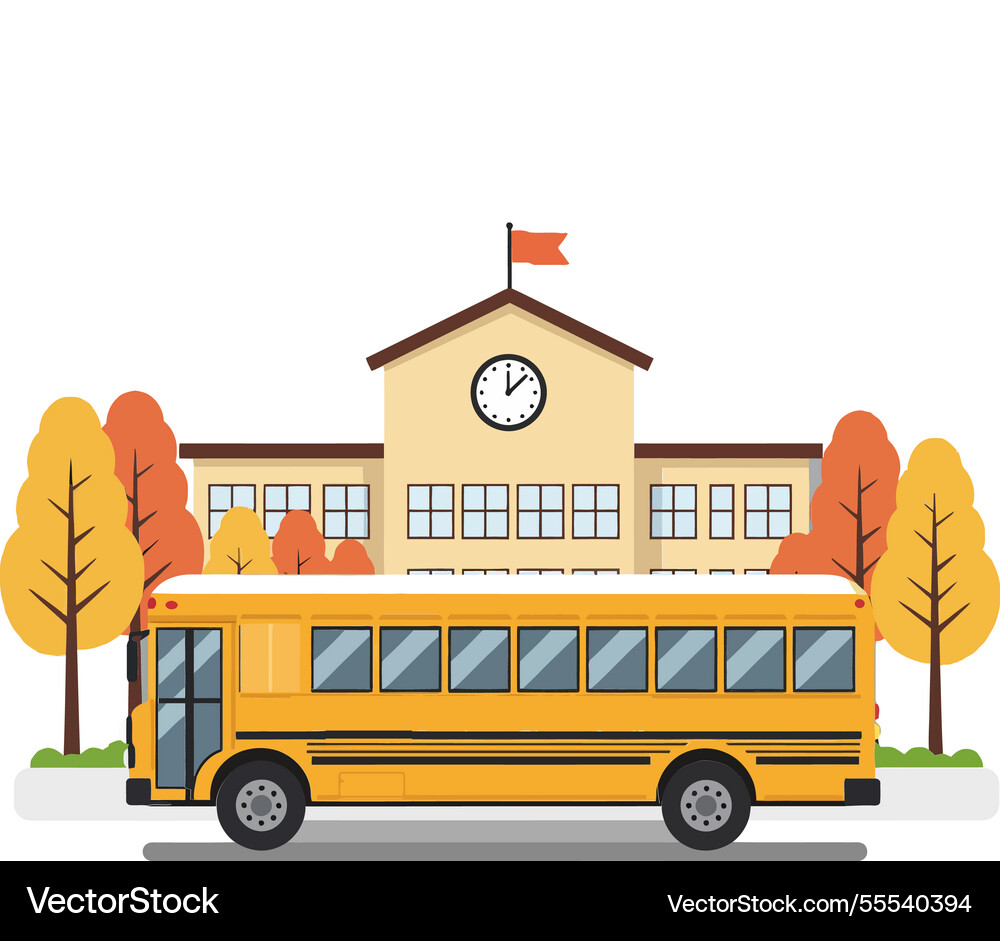 School bus parked in front of a with trees Vector Image