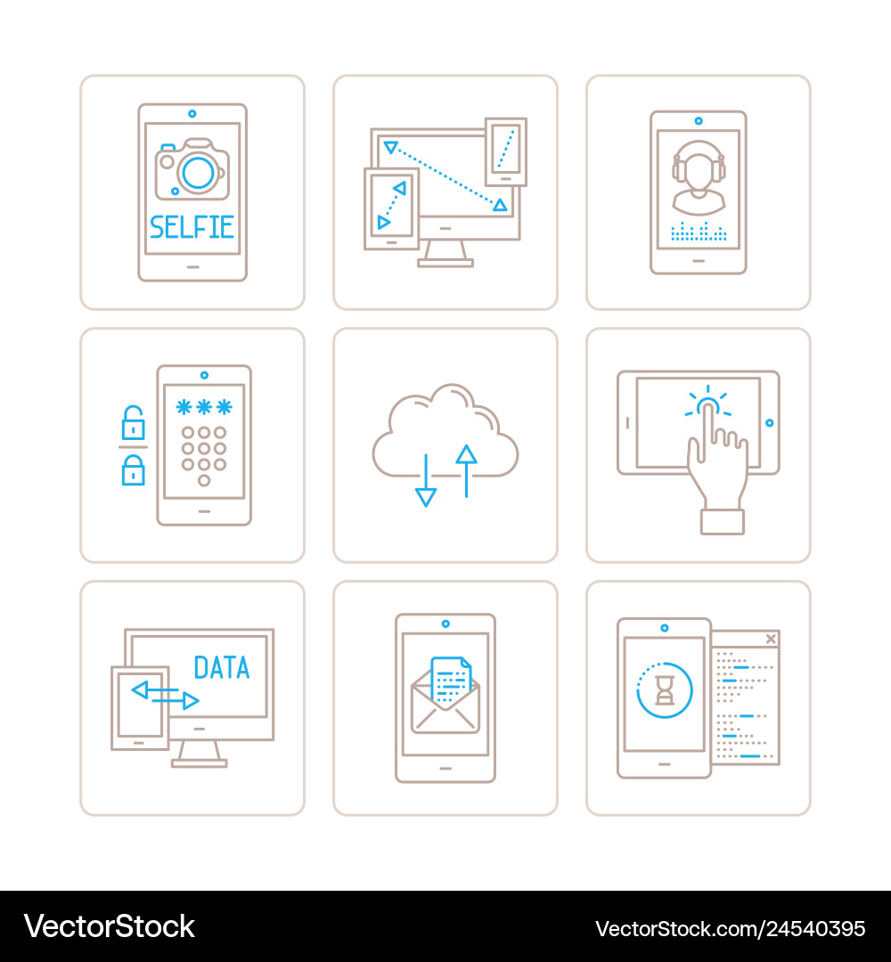Set of mobile tech icons and concepts in mono Set of mobile tech icons and concepts in mono vector image