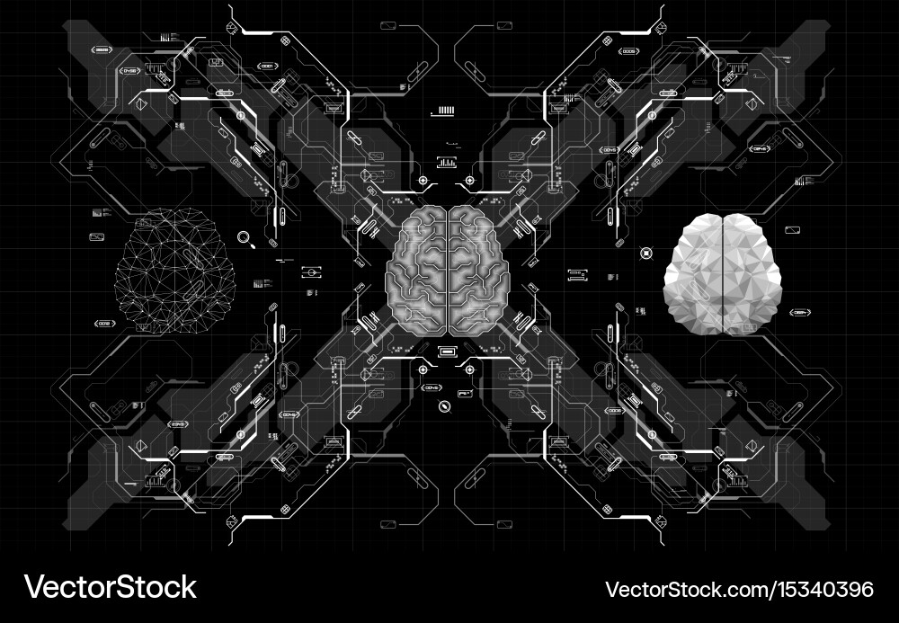 Conceptual polygonal brain with hud elements vector image