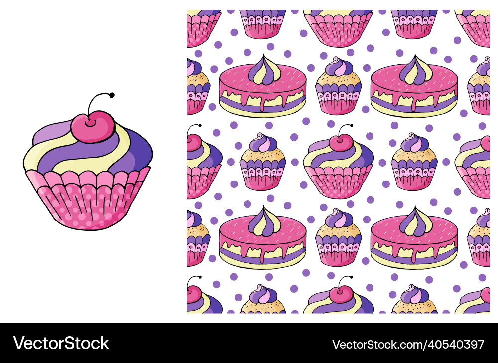 Cupcake muffin set of element and seamless pattern Cupcake muffin set of element and seamless pattern vector image