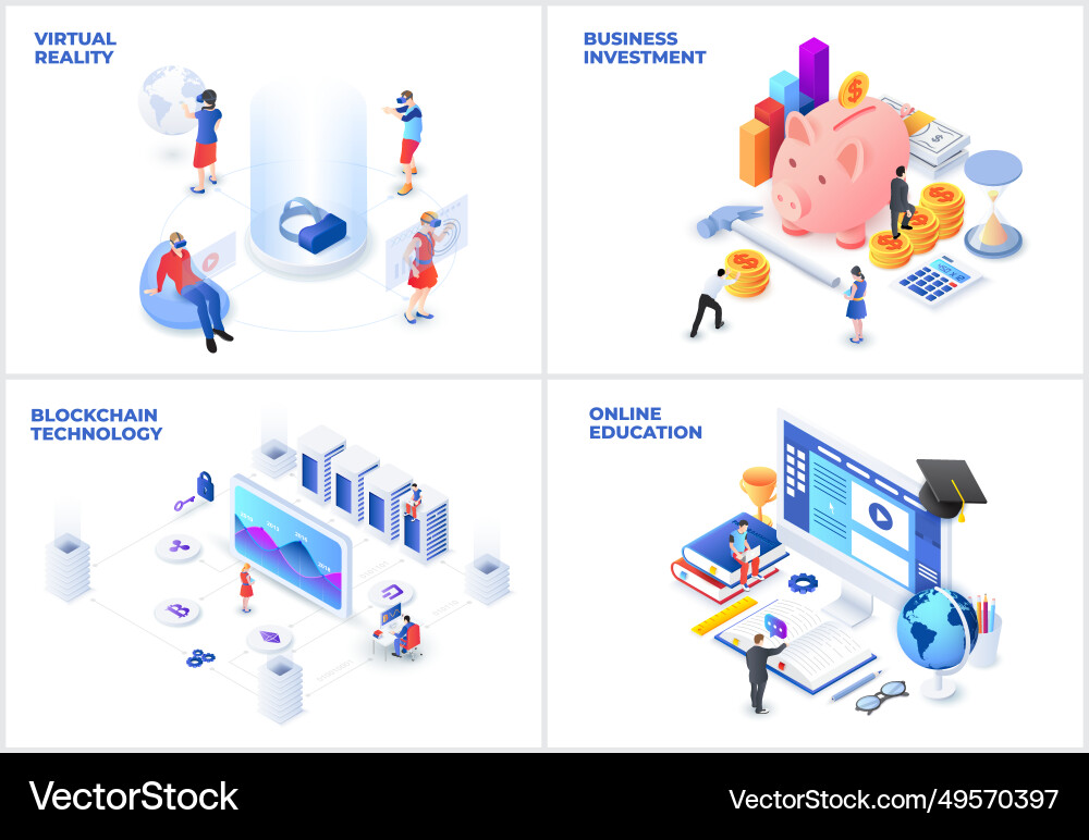 Isometric set with virtual reality blockchain Isometric set with virtual reality blockchain vector image