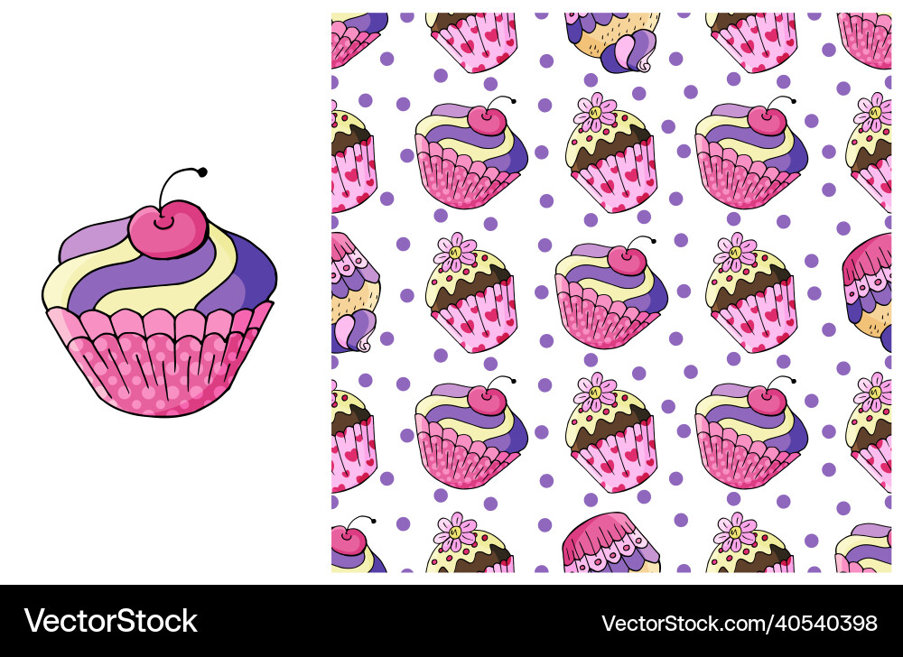 Cupcake muffin set of element and seamless pattern Cupcake muffin set of element and seamless pattern Vector Image