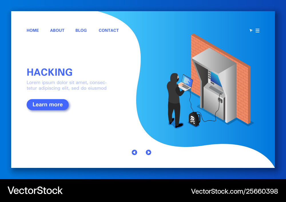 Hacking an atm concept banner in flat isometric vector image