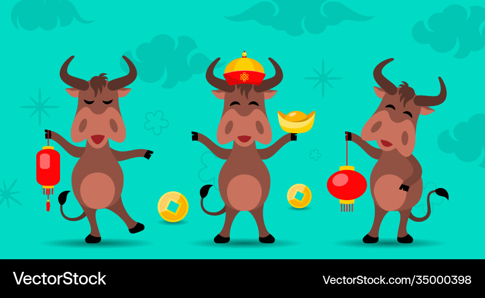 Oxen cartoons happy new year 2021 Oxen cartoons happy new year 2021 vector image
