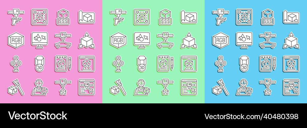 Set line 3d printer setting isometric cube Set line 3d printer setting isometric cube vector image