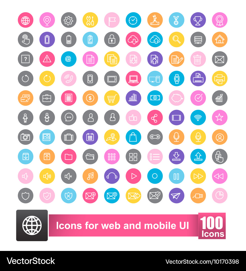 Set of 100 icon with color background for web Vector Image