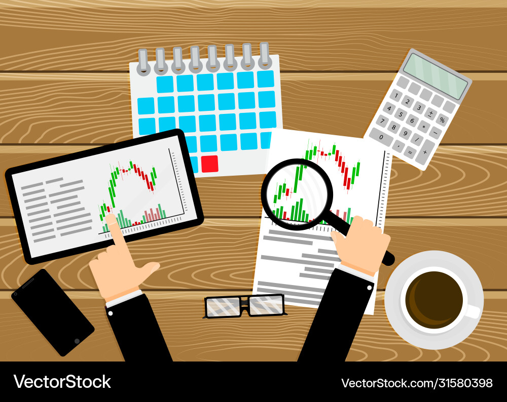 Trader work place analyzing exchange chart vector image