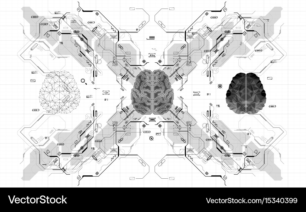 Conceptual polygonal brain with hud elements vector image