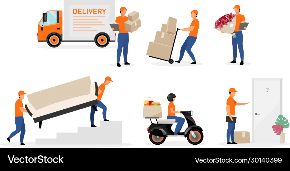 Delivery service workers flat set couriers Delivery service workers flat set couriers vector image