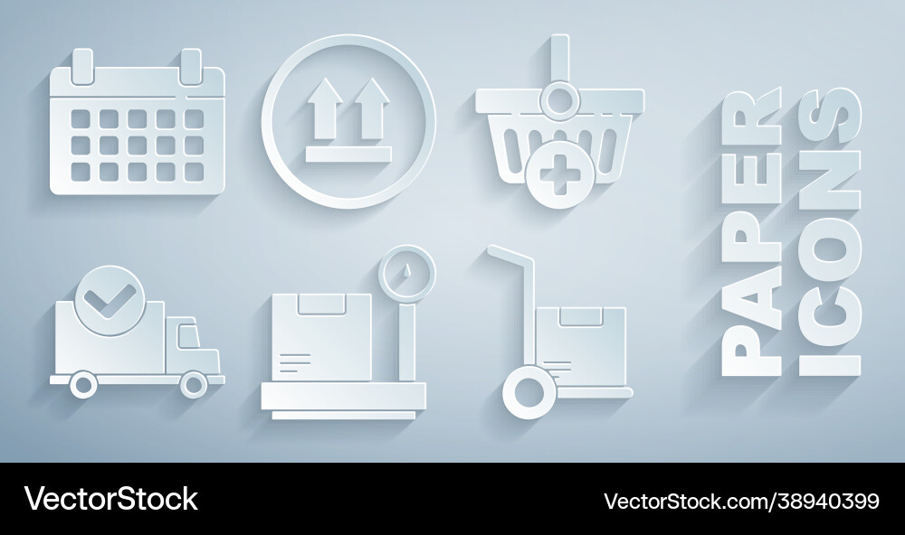 Set scale with cardboard box add to shopping Set scale with cardboard box add to shopping Vector Image