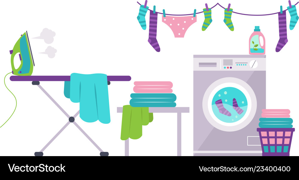 Laundry room with washing machine ironing board Laundry room with washing machine ironing board vector image