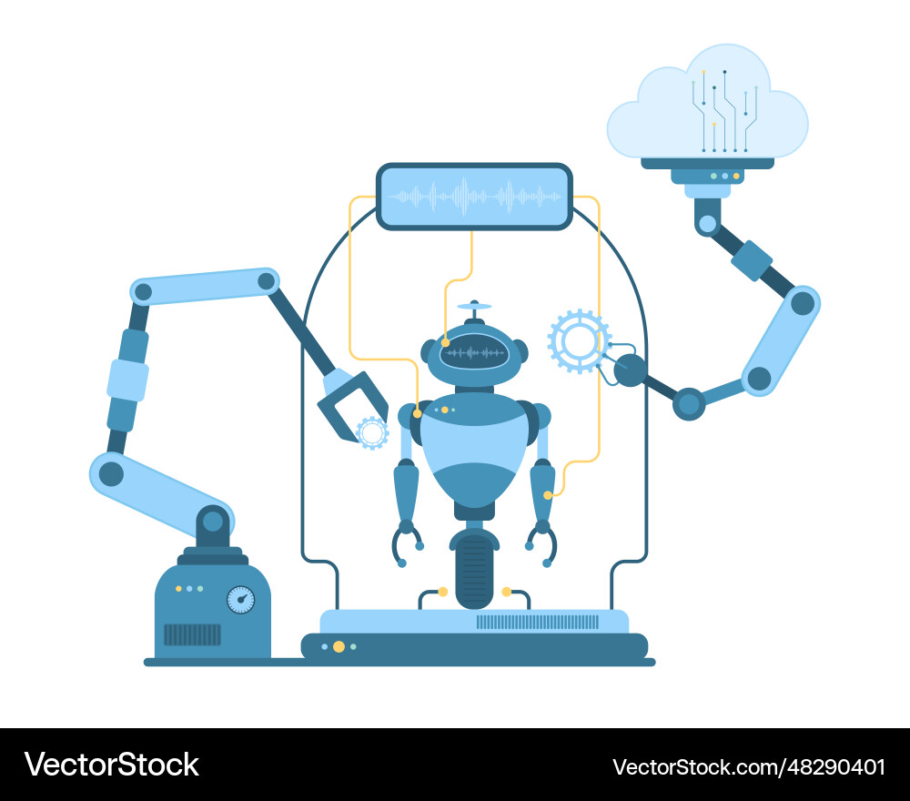 Automation of robot production automated arms Automation of robot production automated arms vector image